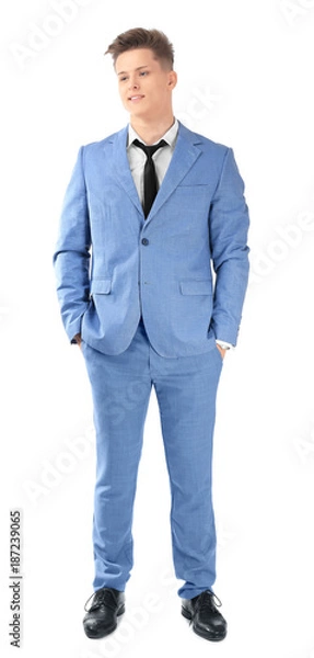 Fototapeta Handsome man in formal suit on white background