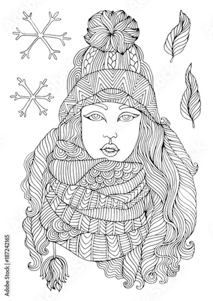 Fototapeta Vector hand drawn fashion girl in a warm knitted hat and voluminous scarf, autumn winter season. Pattern for coloring book A4 size. Coloring book for adults.