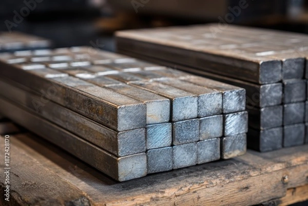 Obraz 工場の木製パレットに積み重ねられた金属棒