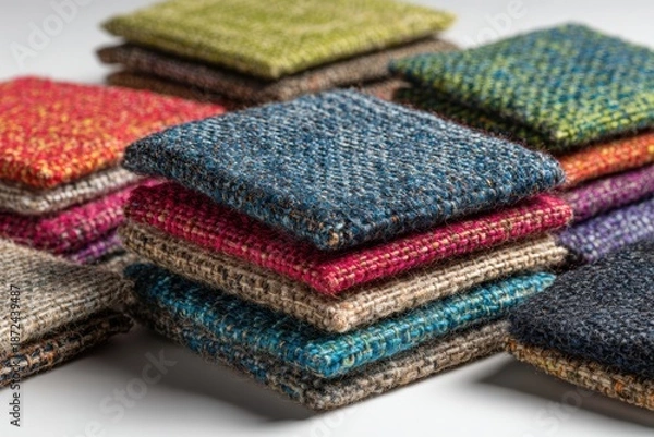 Obraz 日中にテーブルの上に積み重ねられたカラフルな布の正方形