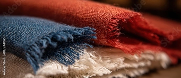 Obraz 青、赤、白の生地をレイアウトしたテキスタイルショーケース