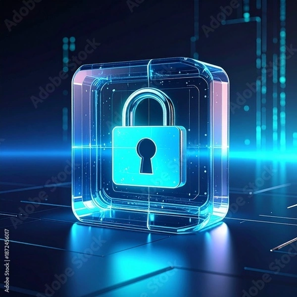 Obraz Glowing Blue Digital Lock on Cyber Security Background
