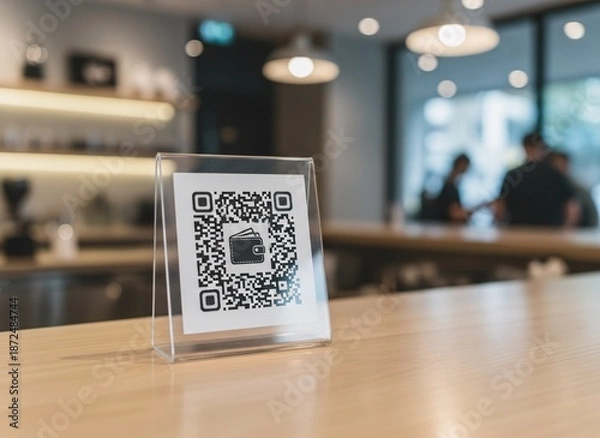 Obraz QR Code Payment Display on Cafe Counter