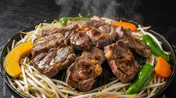 Obraz 熱々で湯気が立ち上るジンギスカンと彩り野菜の鉄板焼き