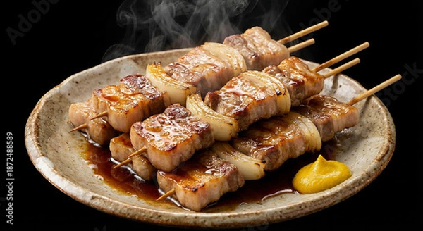 Obraz 湯気が立ち上る熱々の室蘭やきとり 豚肉と玉ねぎの串焼き