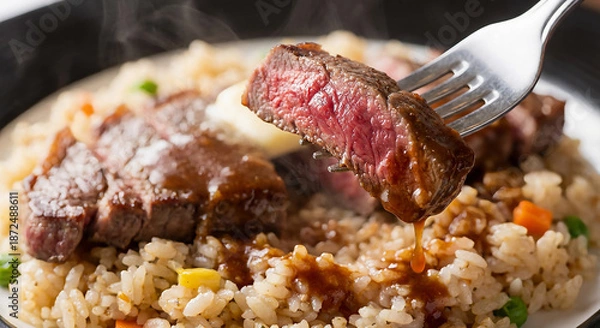 Obraz 湯気立つステーキピラフをフォークで持ち上げる食欲をそそる瞬間