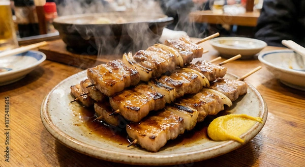 Obraz 湯気が立つ熱々！絶品室蘭やきとり、豚肉と玉ねぎの串焼き