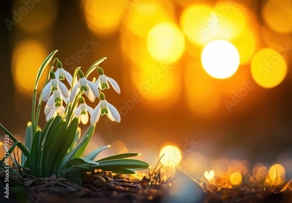 Obraz Snowdrop Flowers Blooming at Sunset
