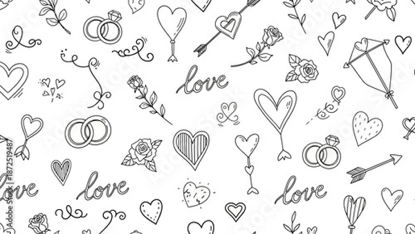 Obraz Hand Drawn Romantic Symbols and Love Elements Seamless Pattern.