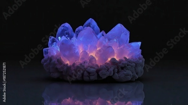 Obraz Dramatic Lit Amethyst Cluster Against Black Background with Reflective Surface Geology Sample