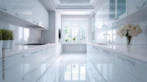 Obraz 自然光に包まれた白いモダンキッチンの洗練されたインテリア空間
