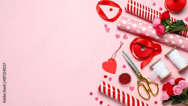 Obraz Scissors and craft supplies for Valentine.
