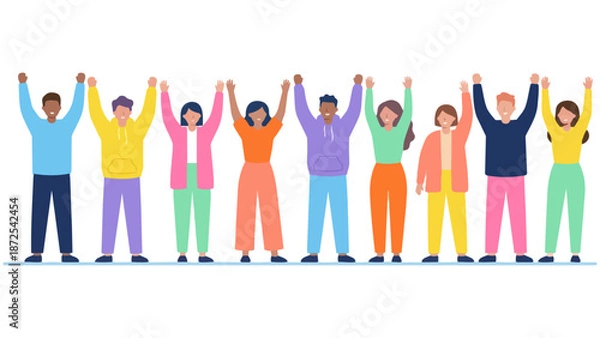 Obraz 紙吹雪でカラフルな仲間がガッツポーズでわいわい喜び達成を祝う色鮮やかな人々がバンザイする喜び