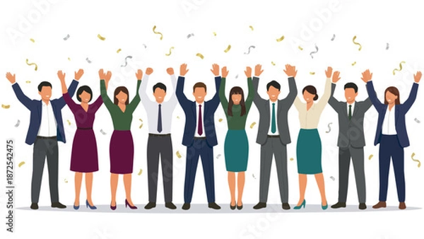 Obraz 紙吹雪でビジネススーツの仲間がガッツポーズで喜び達成を祝う色鮮やかな人々がバンザイする喜び