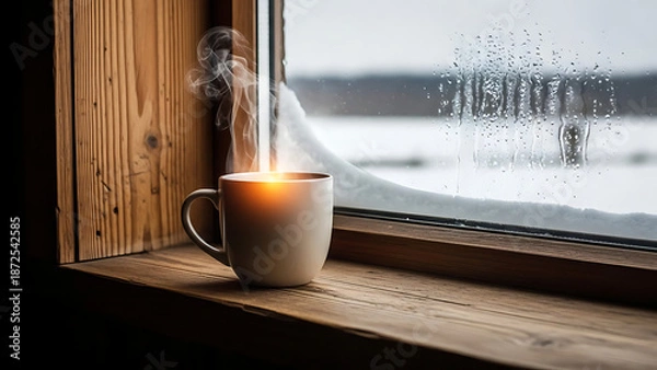 Obraz Steaming hot coffee mug on windowsill.