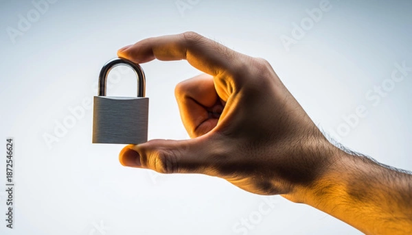 Obraz Hand holding small padlock on white background