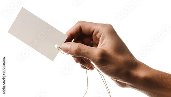 Obraz Hand holding blank tag with string on white background