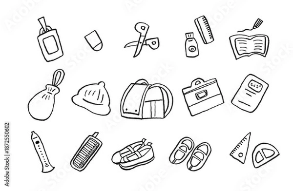 Obraz 小学校・入学にまつわる手書き風のモノクロイラストセット