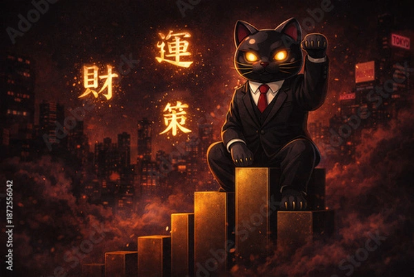 Fototapeta 財運の黒猫：金融都市を操るスーツの招き猫