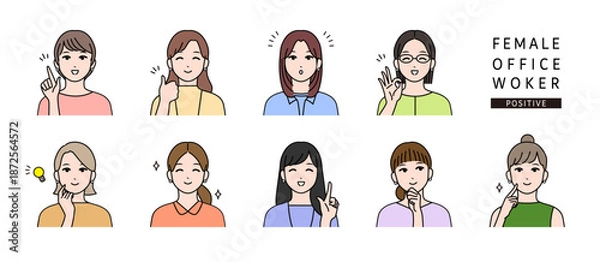 Obraz ポジティブな表情・上半身の若い女性のアバターアイコンイラスト素材セット