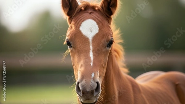 Fototapeta 牧場の緑を背景にこちらを見つめる茶色の仔馬の顔
