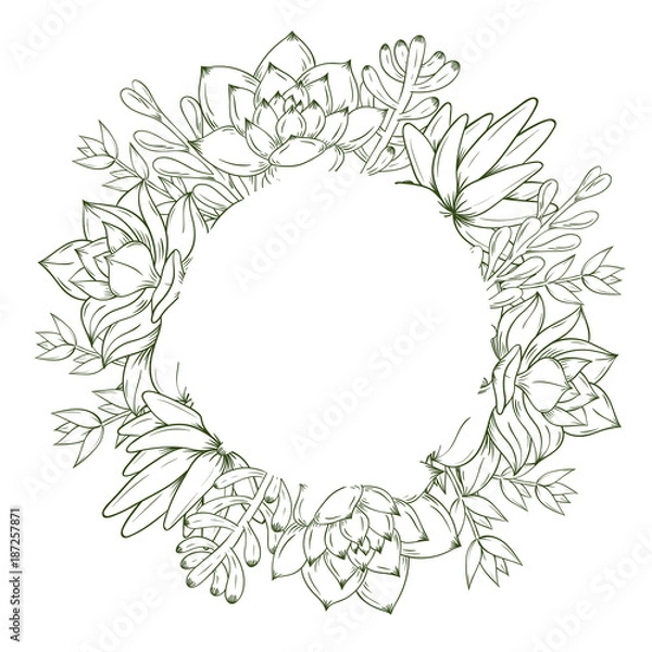 Fototapeta Round frame of succulent plants. Vector illustration.