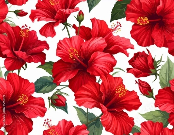 Obraz Vibrant Red Hibiscus Flower Pattern on White Background.