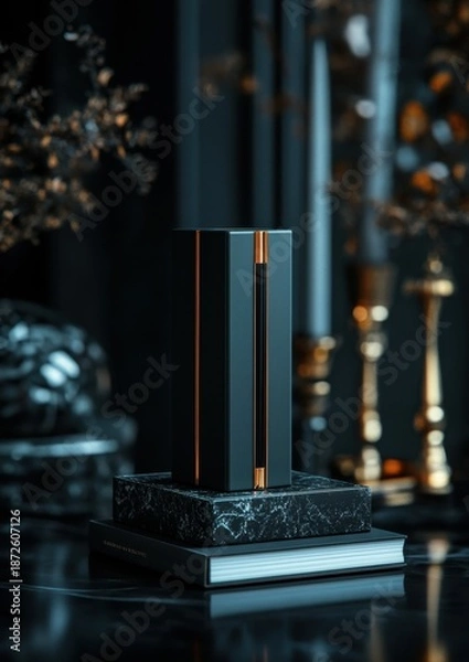 Obraz Stylish black and copper rectangular box displayed on marble platforms.