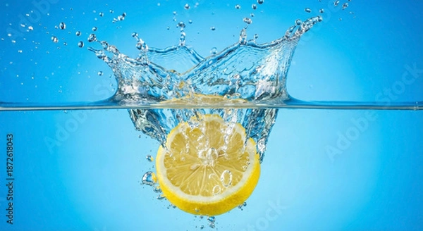 Obraz Fresh lemon slice falling into water with splash