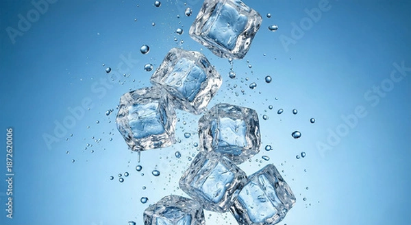 Obraz Falling clear ice cubes on blue background