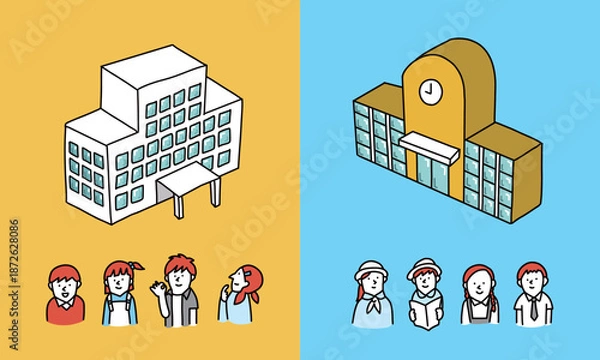 Obraz 公立と私立の小学校の校舎と子供たちのイメージイラスト