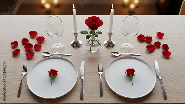 Obraz Romantic Table Setting with Roses and Candles.