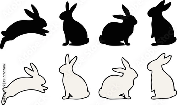 Obraz Cute Easter Bunny Rabbit Silhouette And Outline Set