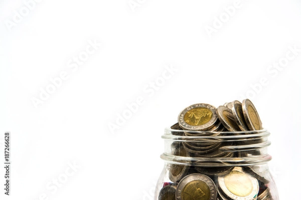 Obraz coin stacks in glass with tree on white background