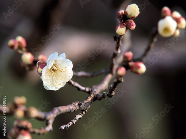 Obraz 晴れた1月に美しく咲いた白い梅の花「白難波（シロナンバ）」