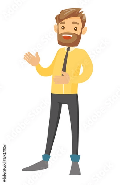 Fototapeta Full length of young cheerful laughing caucasian white businessman gesturing with his hands. Vector cartoon illustration isolated on white background.