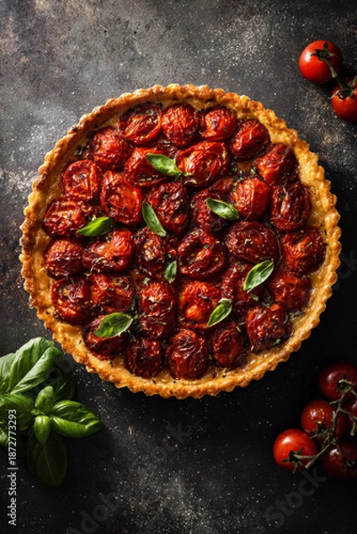 Obraz Rustic Tomato Basil Tart Top View – AI Generative