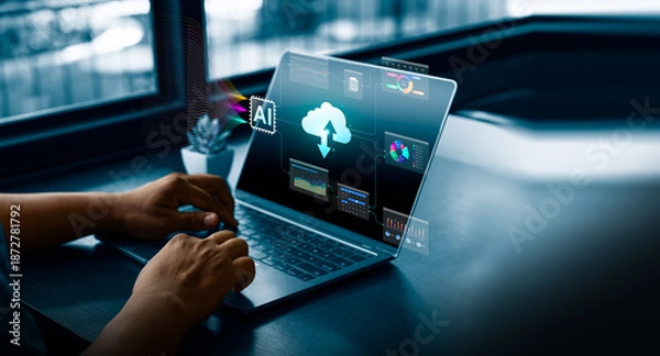 Obraz AI cloud computing and data integration concept with person using laptop showing artificial intelligence, analytics, and cloud network system for digital transformation and smart technology innovation