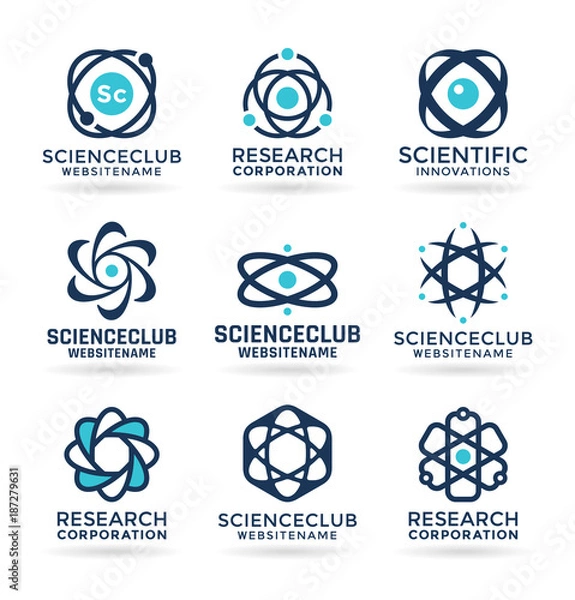Fototapeta Science symbols, atom and molecule icons, chemistry - logo design elements and logotype templates