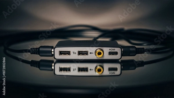 Obraz Sleek modern multiport adapter hub with reflection on a dark surface.