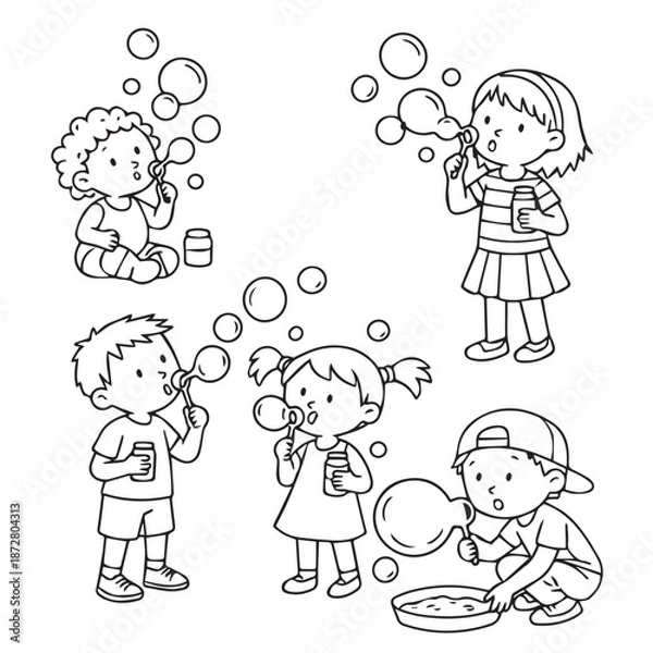 Obraz Children Blowing Bubbles Playfully - Vector Illustration