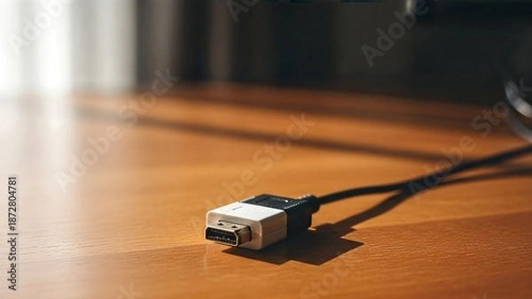 Obraz High definition multimedia interface cable on a wooden table.