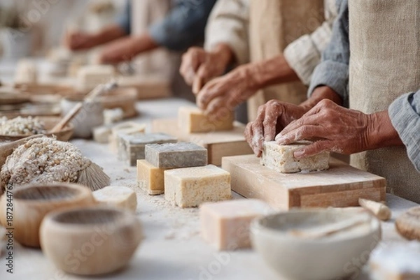 Obraz Hands sculpting various materials in serene workshop, showcasing