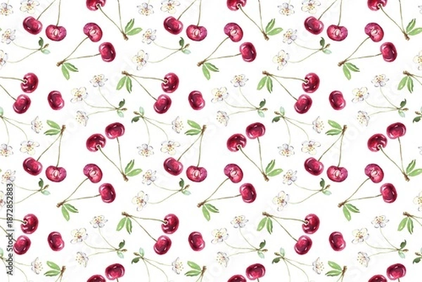 Obraz Vibrant cherry pattern with blooming flowers on white background