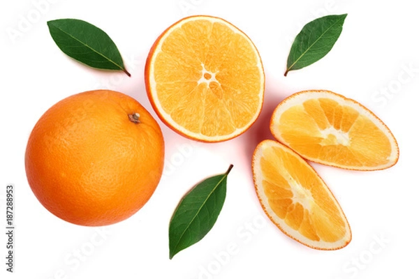 Fototapeta Orange with slice and leaf isolated on the white background. Flat lay pattern. Top view