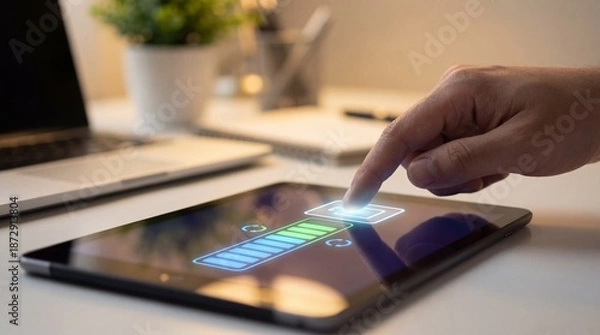Fototapeta Interactive touchscreen tablet usage office workspace digital interaction modern environment closeup view technology advancement