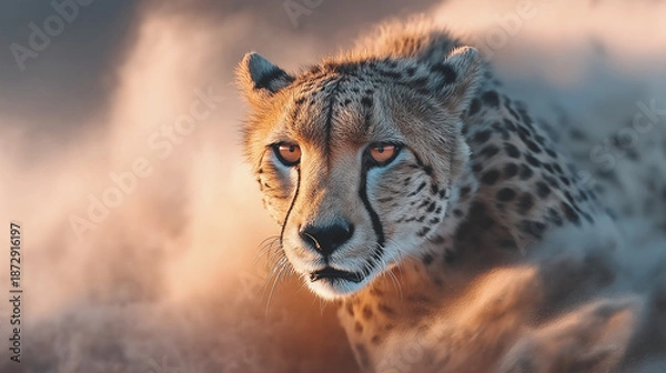 Obraz 勇壮なチータが砂塵を舞上げながら走る姿