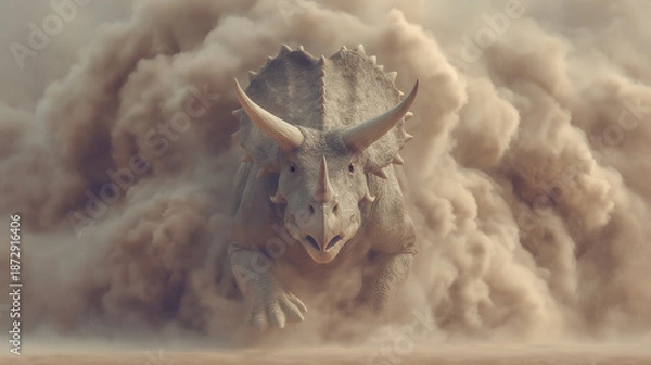 Obraz 勇壮なトリケラトプスがの砂塵を巻き上げて走る姿