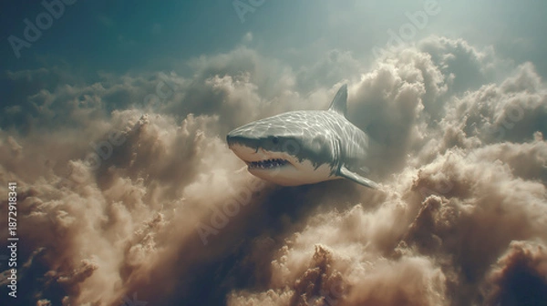 Obraz 水煙の中の巨大なサメの姿