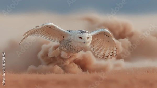 Obraz 砂塵を切り分けて空を飛ぶ白ふくろう